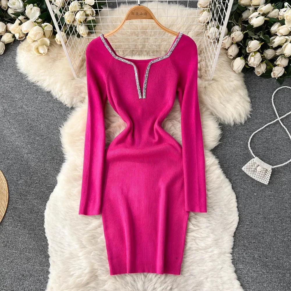 Knit Bodycon Dress For Women Long Sleeve Winter Sweater