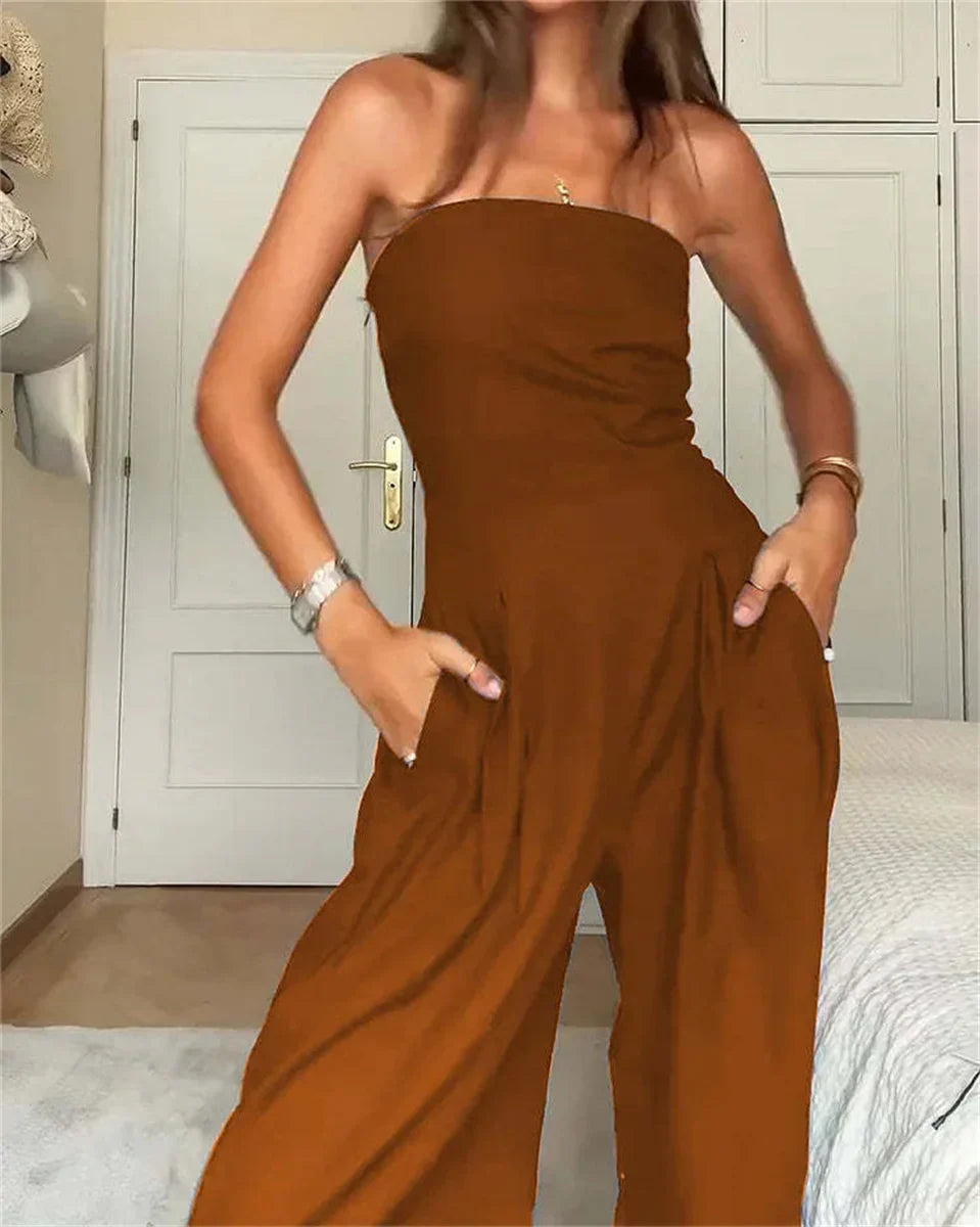Solid Backless Off Shoulder Jumpsuit for Women Waist Cinching Wide Leg Pants with Pockets Elegant Summer Bodysuit Outwear