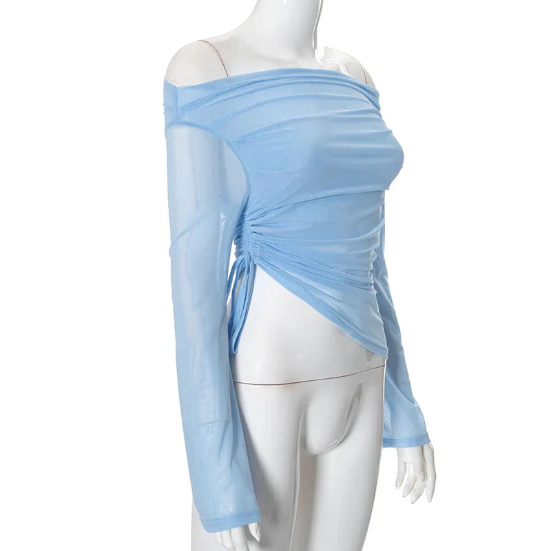 Solid Color Long Sleeve One Shoulder Mesh Top for Women - Stylish See Through Pleated Casual Autumn T-Shirt