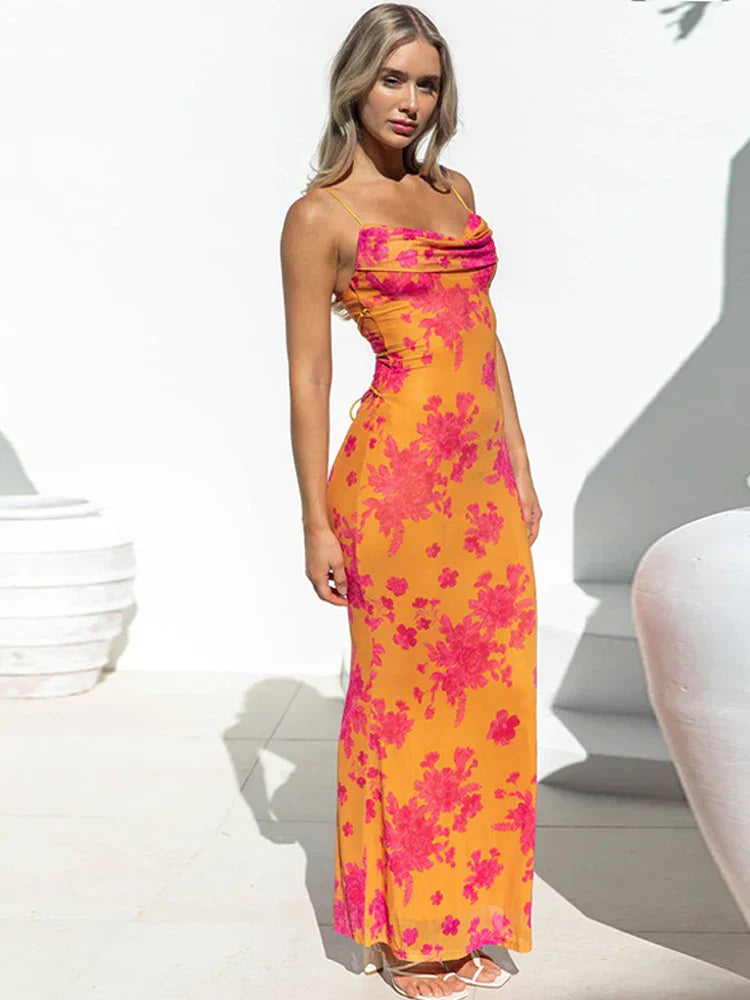 Floral Spaghetti Straps Maxi Dress Backless Evening Party