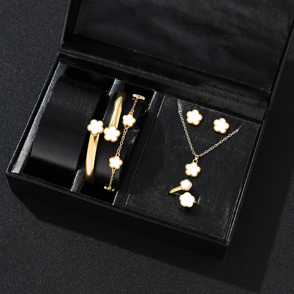 5pcs Women's Flower Jewelry Set with Bracelet Necklace Earrings and Ring