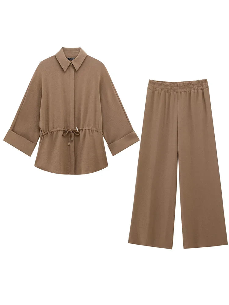 Fashion Women's Casual Pants Set with Solid Khaki Drawstring Waist Blouse and Elastic Waist Baggy Pants