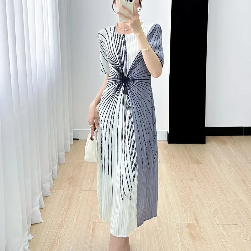 Women Pleated Dress Black White Print O Neck Short Sleeve