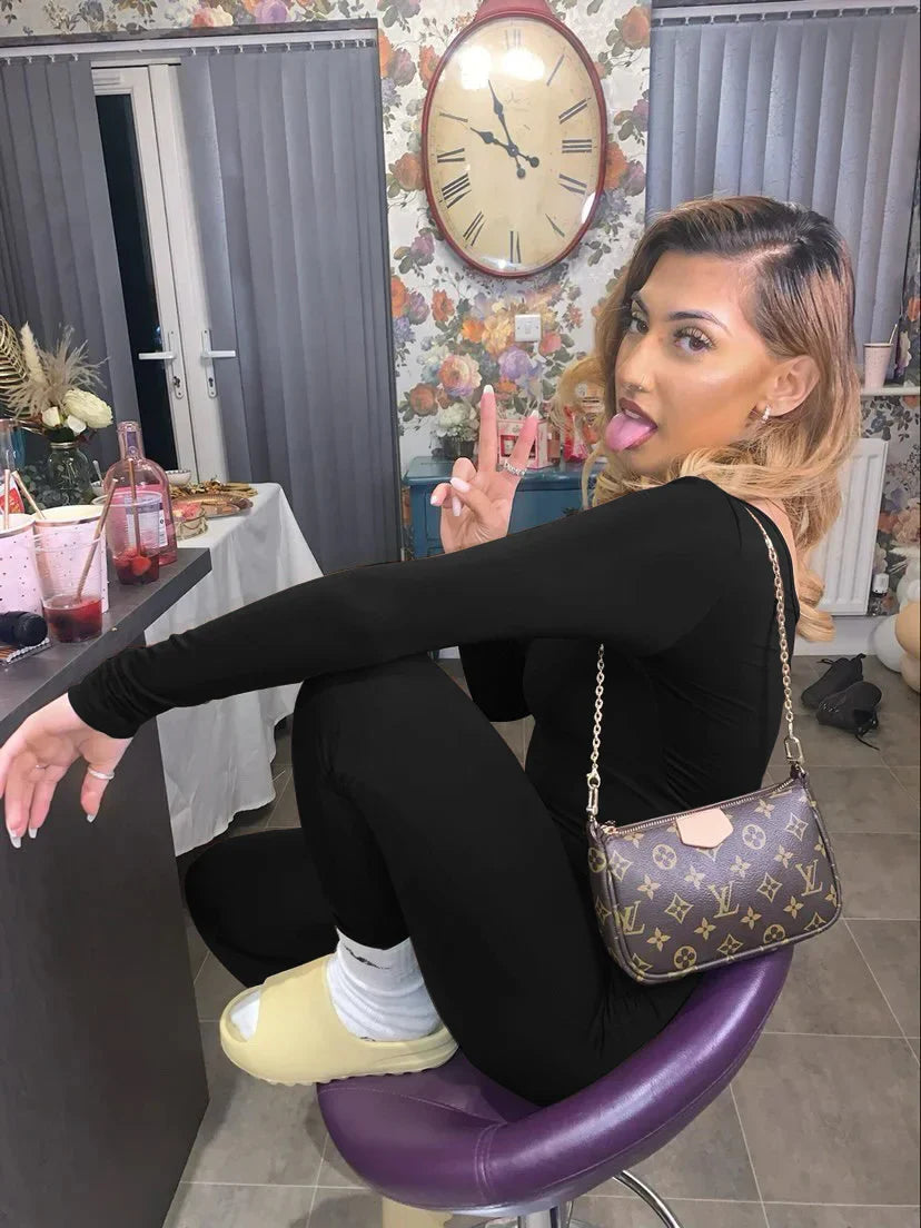 Women's Casual Solid Color Round Neck Long Sleeve Yoga Jumpsuit with Comfortable Fit