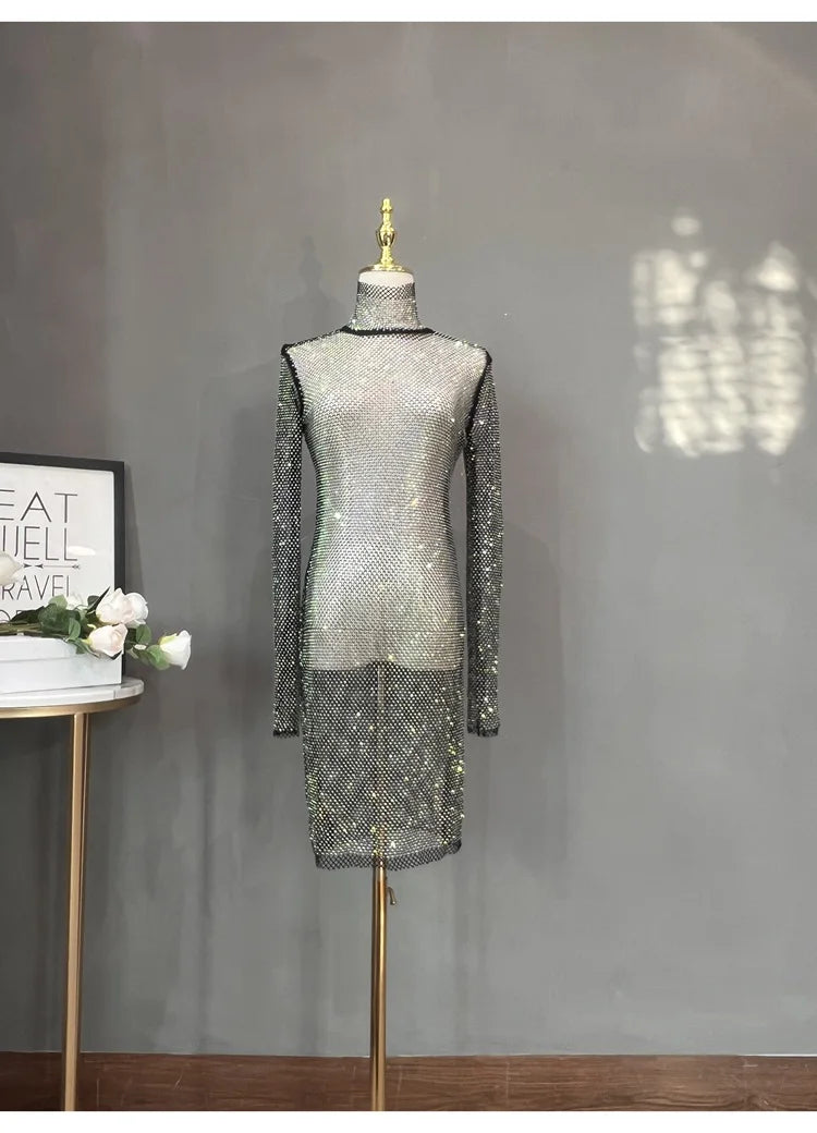 Rhinestone High Neck Glitter Party Dress Mid Length