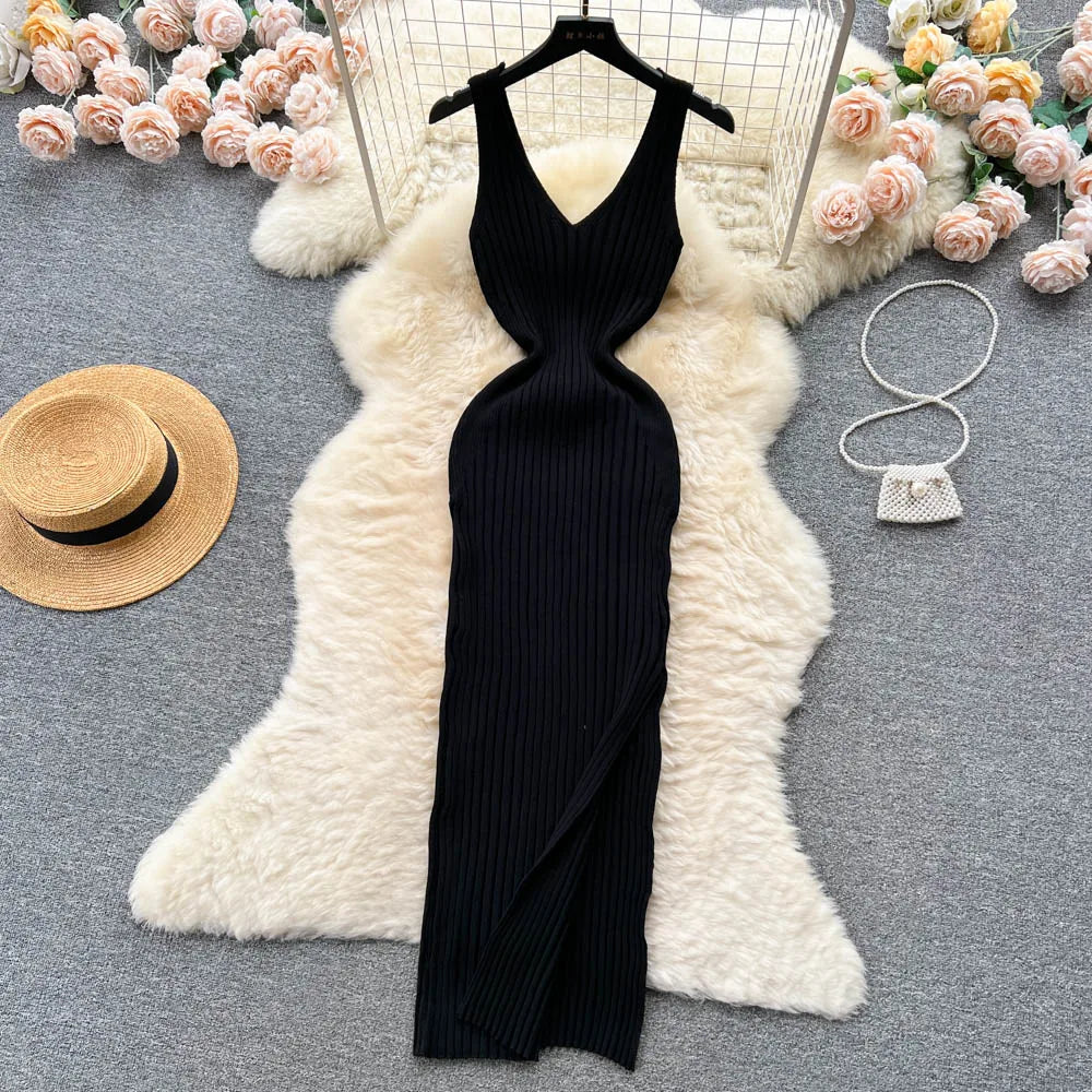 Bodycon Ribbed Knit Dress Women V Neck Slim Fit Elegant
