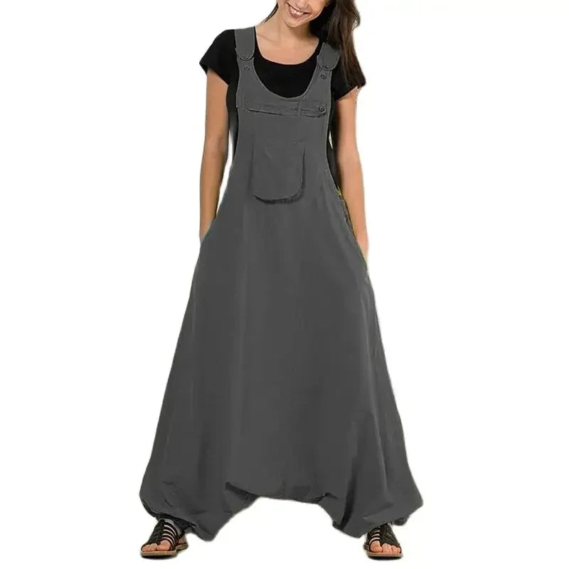 Women's Vintage Pocketed Oversized Jumpsuit Casual Harajuku Style Romper Solid Color Retro High Street Harem Overalls