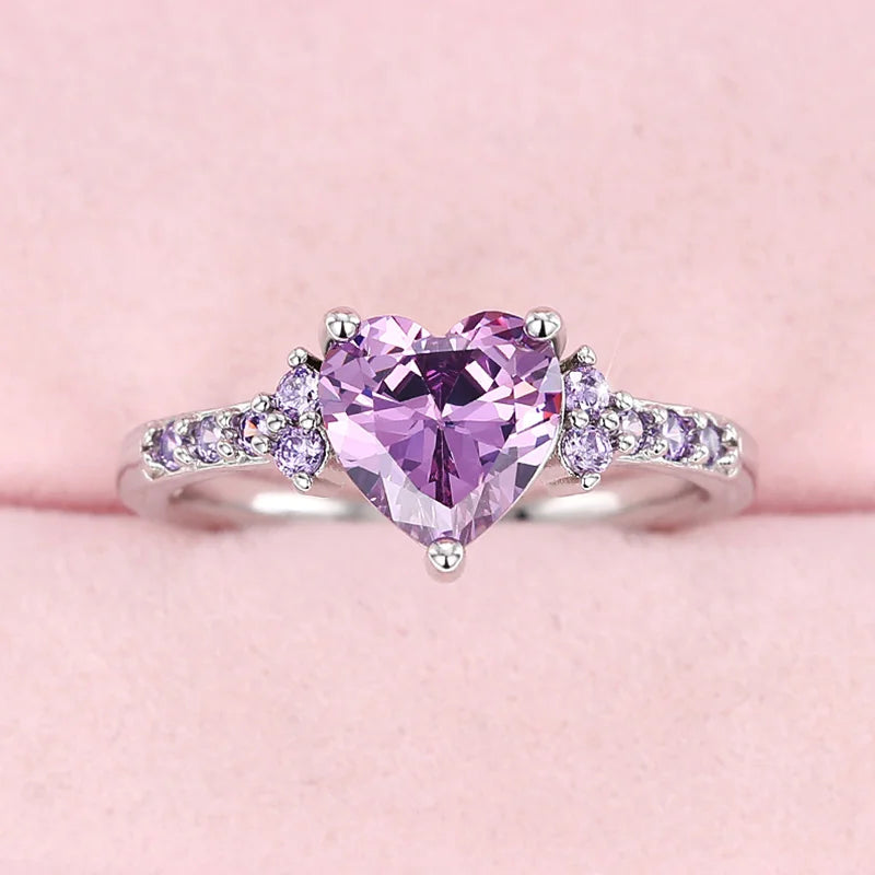 Purple Heart Cubic Zirconia Engagement Ring for Women Unique Wedding Jewelry Romantic Gift