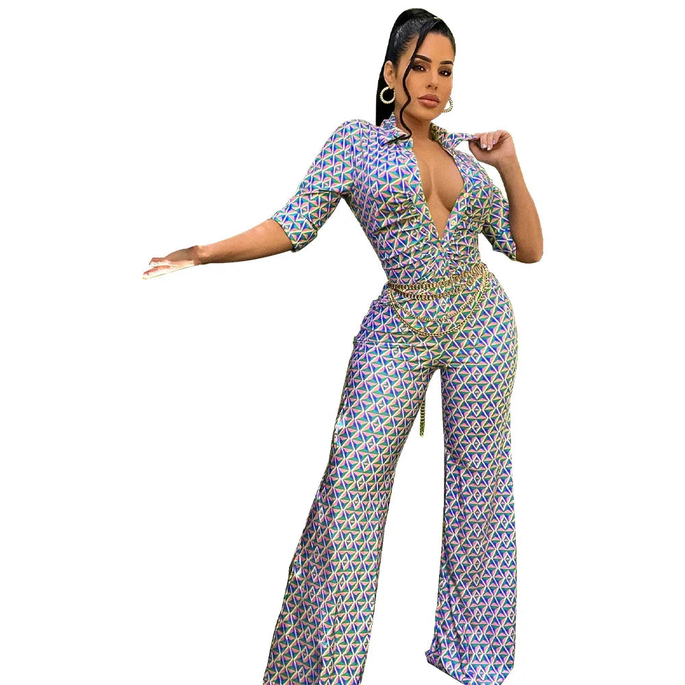 Elegant Chic Printed Women One Piece Slim Fit V Neck Long Sleeve Wrap Waist Jumpsuit Office Fashion Outfit