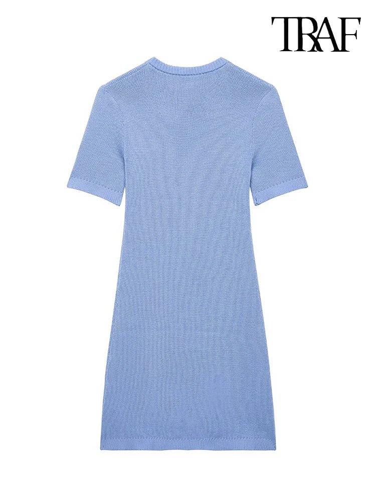French Chic Solid Color Round Neck Mini Dress For Women
