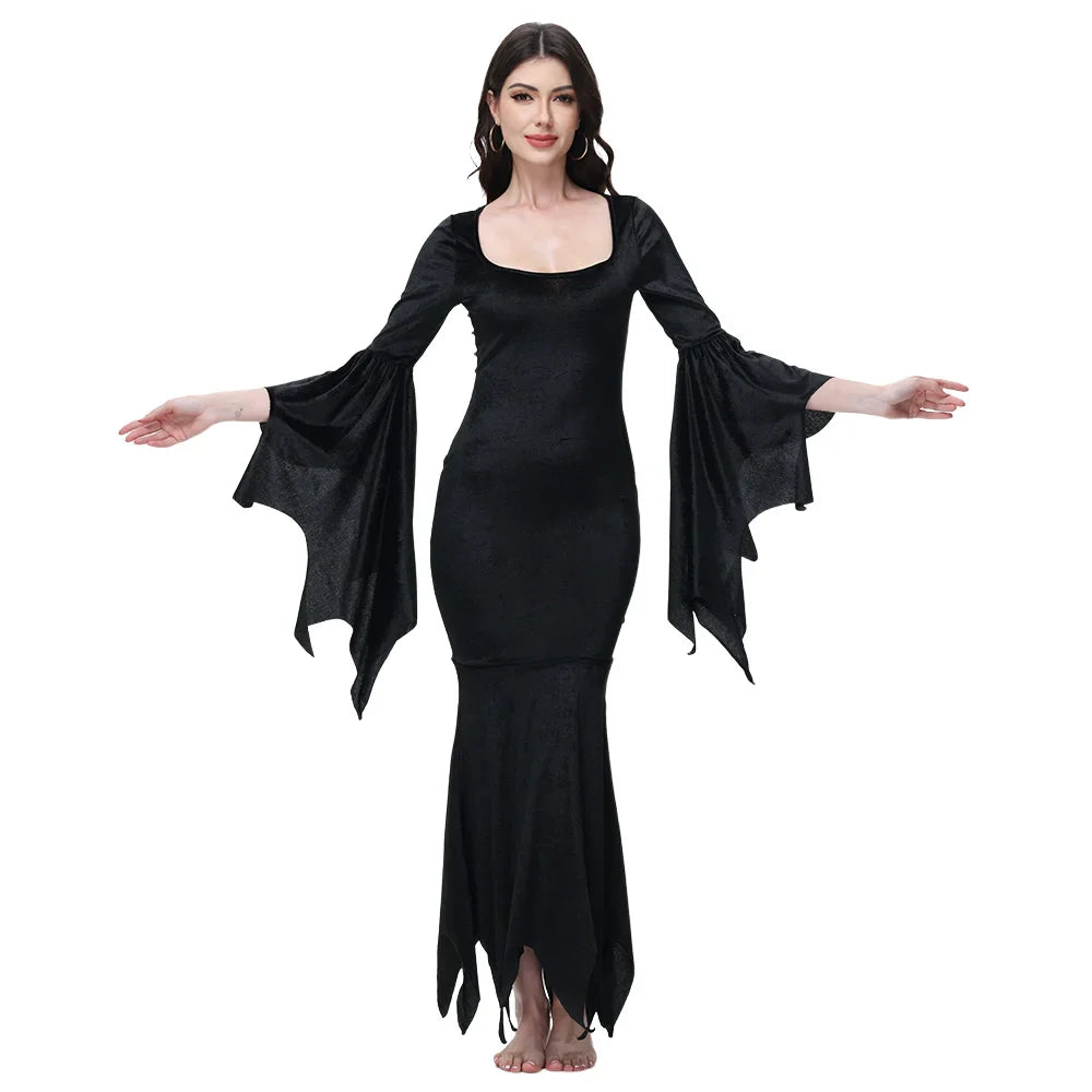 Morticia Addams Gothic Velvet Dress With Flared Sleeves