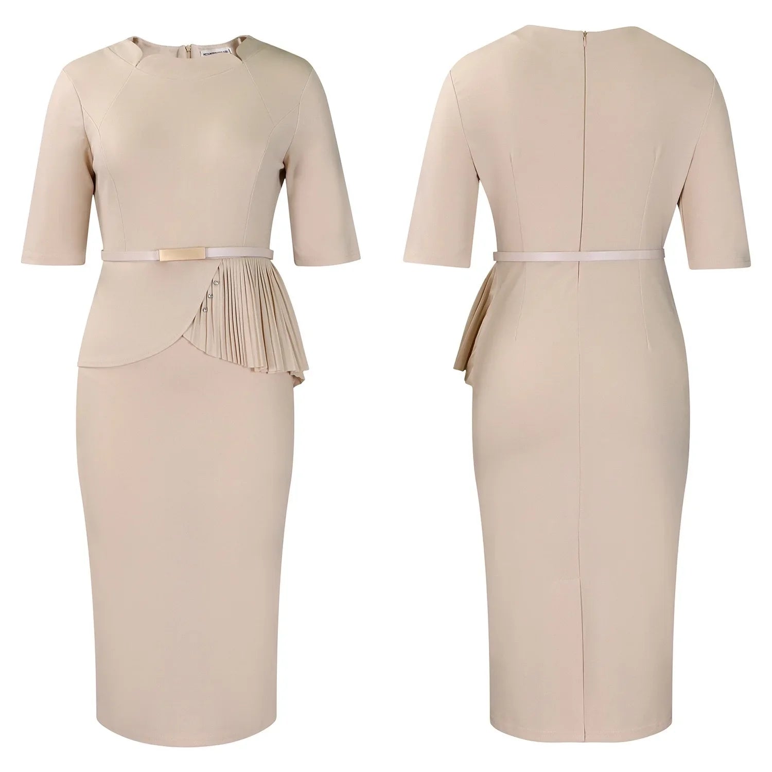 Women Square Neck Bodycon Midi Dress Belted For Work