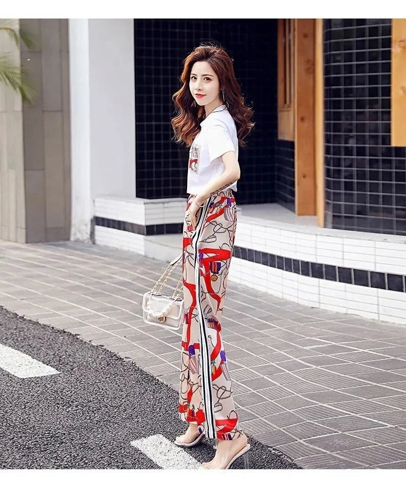 Women's Plus Size Two Piece Suit Set with Short Sleeve Tops and Wide Leg Pants for Casual Summer Fashion