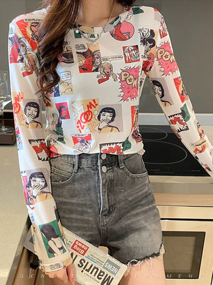 Women's Sexy See-Through Mesh Blouse Long Sleeve Transparent Elegant Printed Shirt Fashion Top