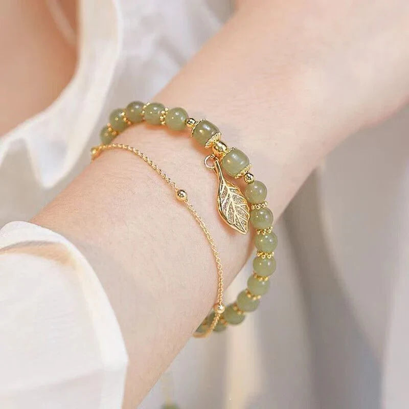 Chinese Style Green Jade Bracelet for Women with Gold Leaves Double Chain Design Elegant Bangle Gift for Special Occasions
