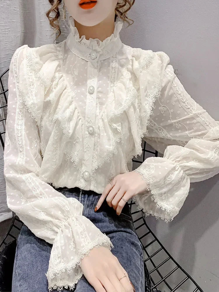 Elegant Women Long Sleeve Loose Button Shirt with Stand Collar Pleated Design Ruffle Lace Blouse Casual Spring Fashion Top