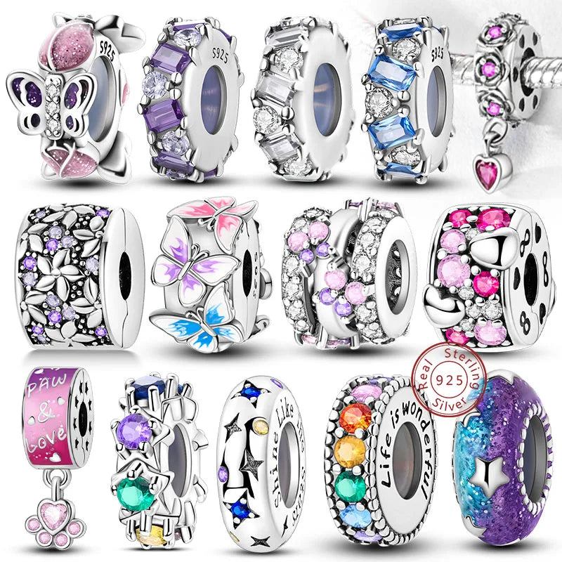 Fit Original 925 Sterling Silver Clip Charms with Zircon and Silicone Spacer Beads for Women DIY Bracelet Gift