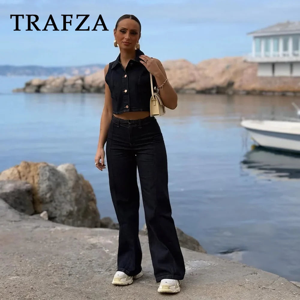 Chic Vintage Denim Women Suit Set Sleeveless Single Breasted Vest with Stylish Sash and Flare Pants Spring Summer Streetwear