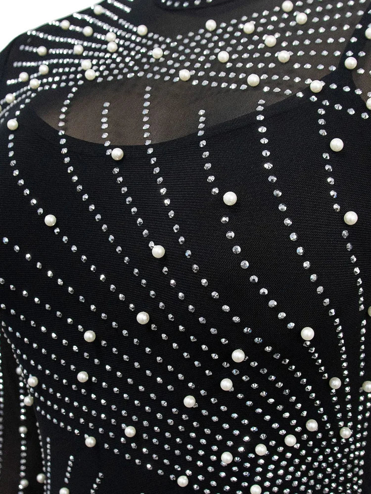 Pearl Rhinestone Mesh Evening Dress For Women Glam Gown