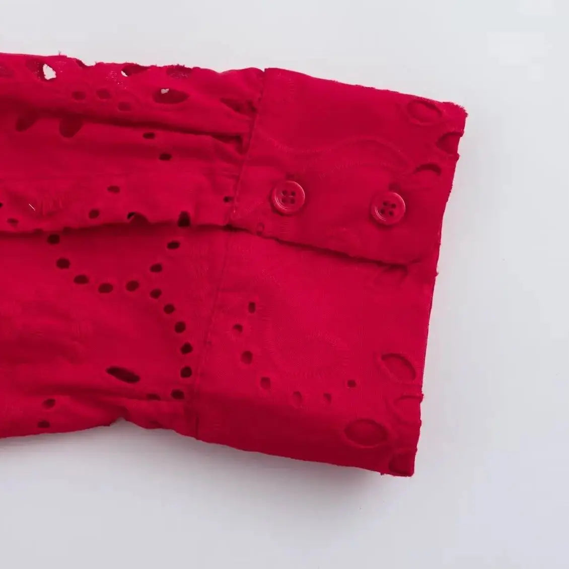 Women Casual Embroidered Hollow Single Breasted Lapel Shirt Top Long Sleeve Curved Hem Loose Fit Blouse