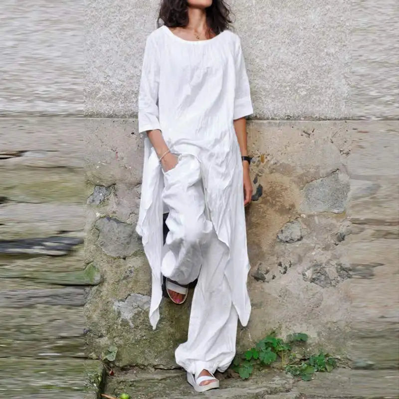 Casual Loose Cotton Linen Top with Irregular Hem and Elegant Loose Leg Pants Two Piece Set
