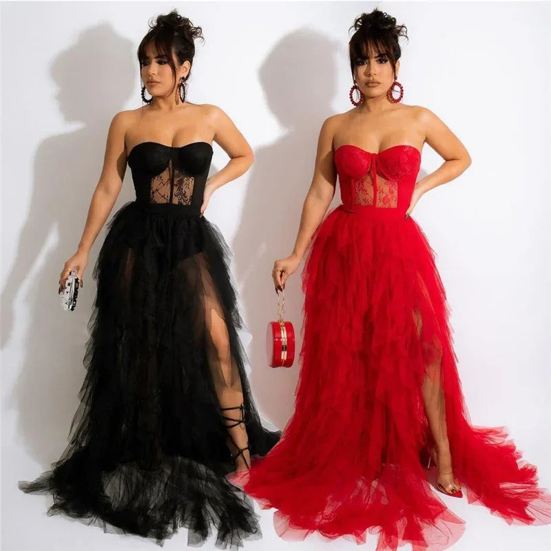 Cascading Ruffles Strapless Lace Maxi Dress Evening Gown