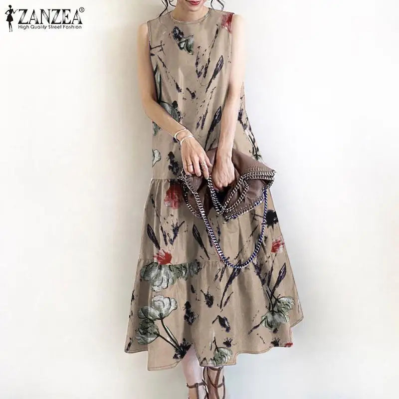 Bohemian Floral Sundress Women O Neck Sleeveless Midi