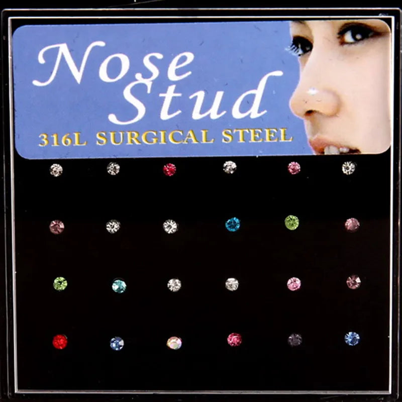 24pcs Colorful Rhinestone Nose Rings and Studs for Women with Stainless Surgical Steel Nose Piercing Jewelry