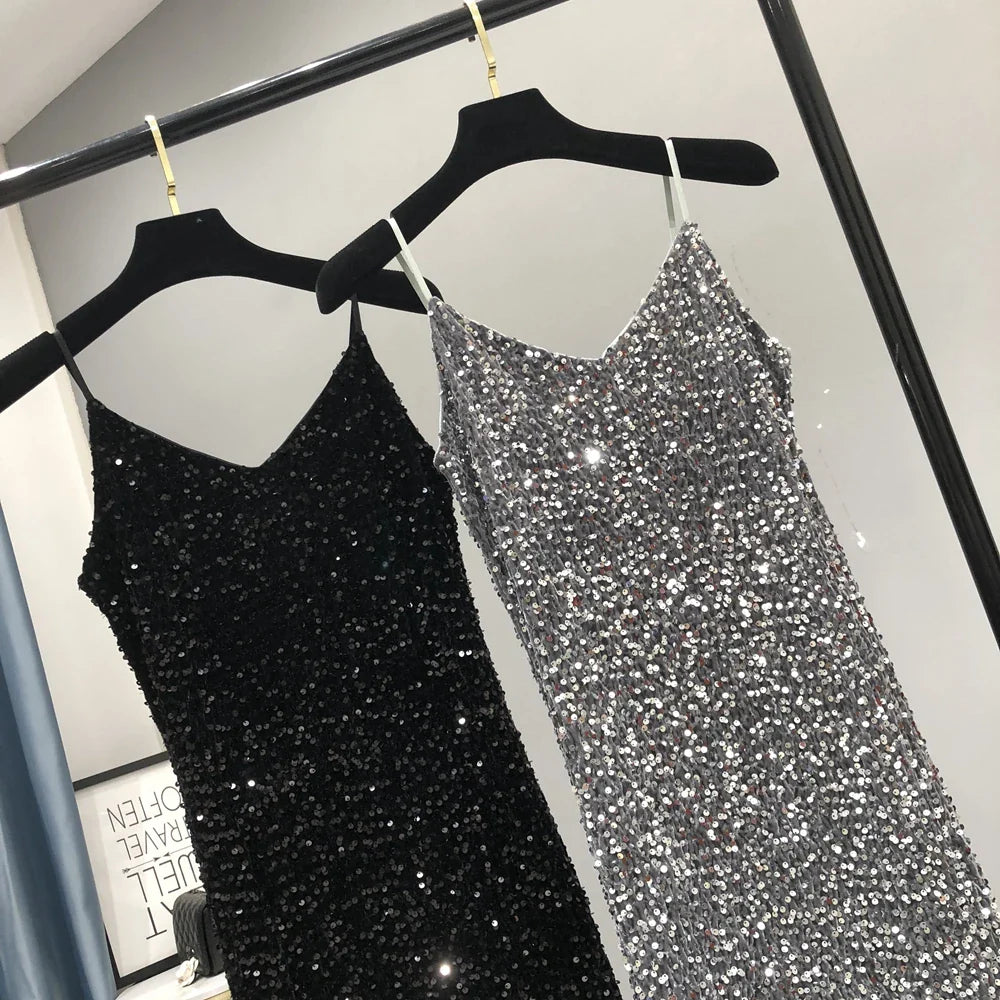 Metallic Long Party Dress For Women Shiny Elegant Style