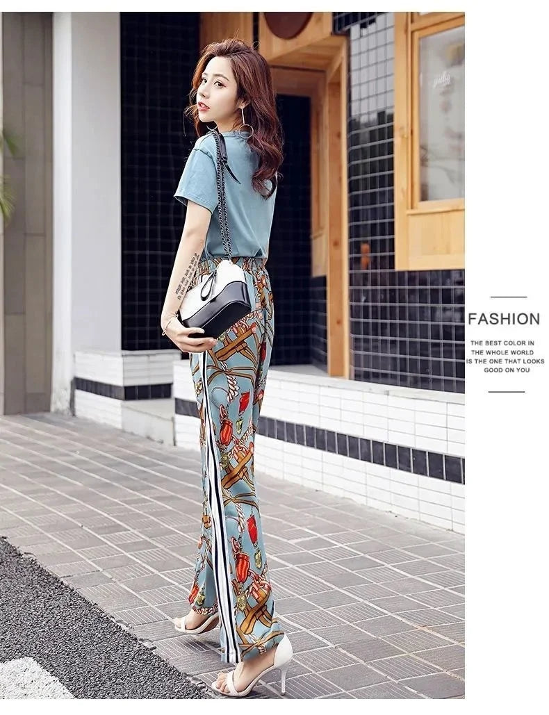 Women's Plus Size Two Piece Suit Set with Short Sleeve Tops and Wide Leg Pants for Casual Summer Fashion