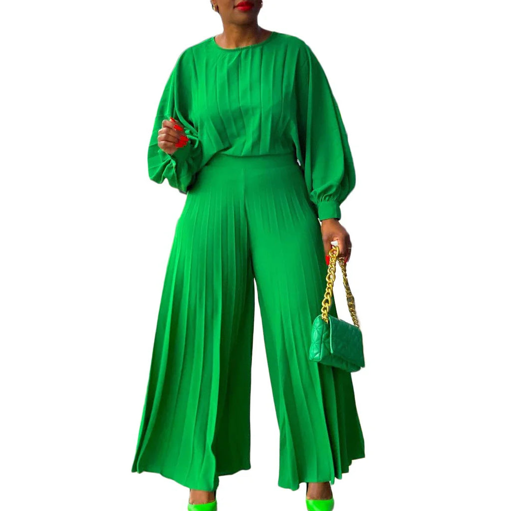Elegant Two-Piece Women's Pants Set with O Neck Full Sleeve Blouse and High Waisted Wide Leg Trousers Fashionable Matching Outfit