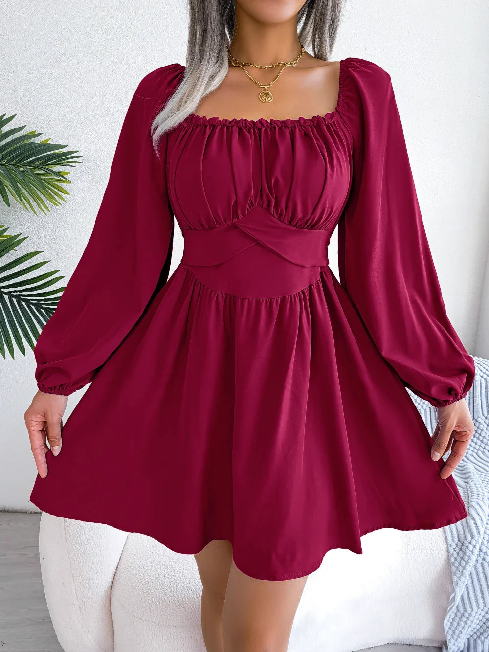 Square Neck Long Sleeve Pleated Mini Dress High Waist