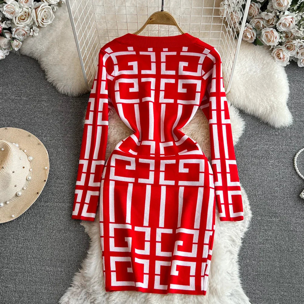 Geometric Knitted Bodycon Dress for Autumn Winter Women