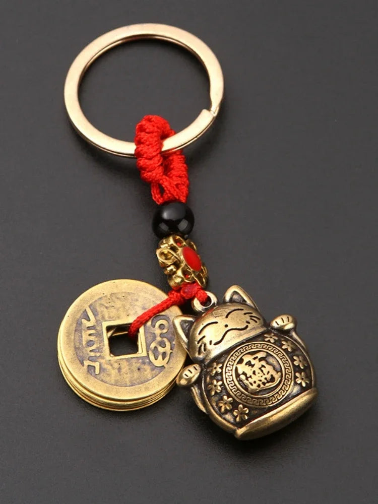 Vintage Handmade Lucky Cat Keychain with Feng Shui Coins and Beaded Design