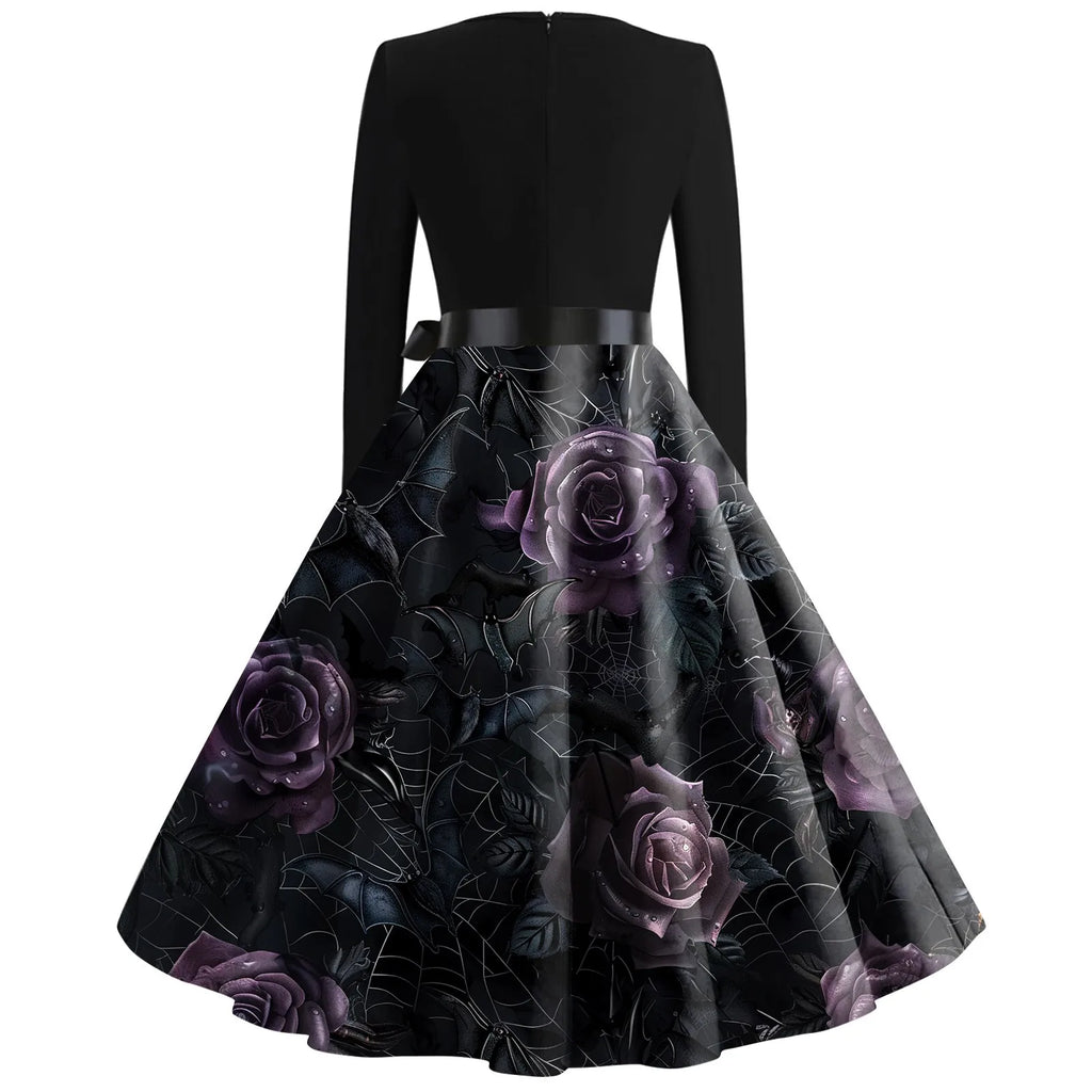 Halloween Printed V Neck Vintage Casual Dress for Women