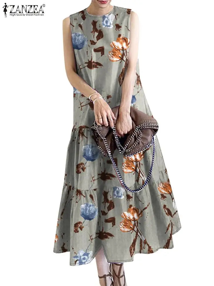 Bohemian Floral Sundress Women O Neck Sleeveless Midi