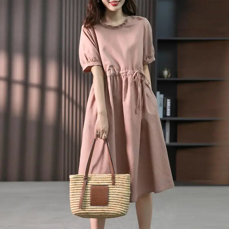 Korean Style Ruffle Midi Sundress With Belt And Pockets