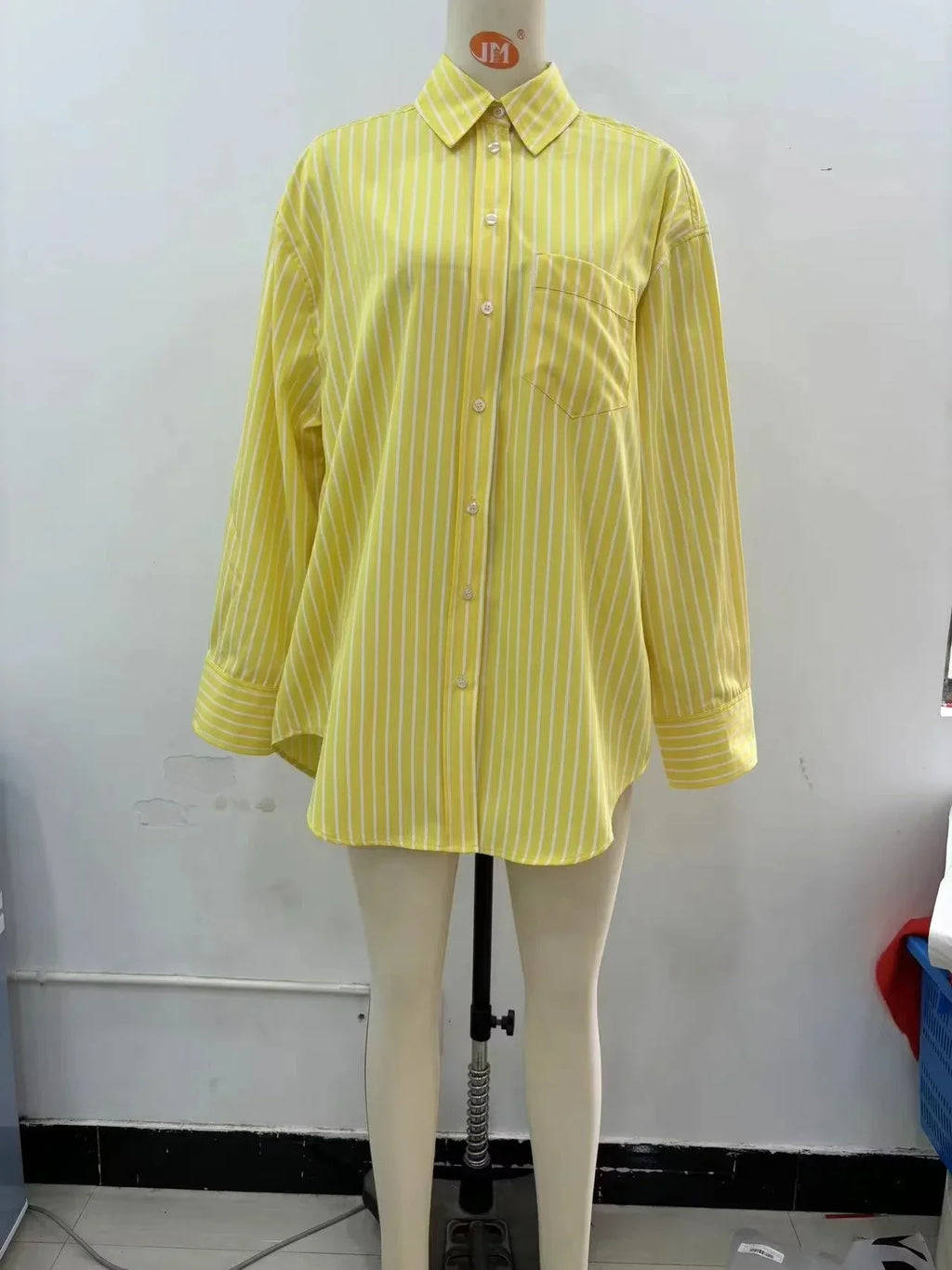 Casual Women Striped Butter Yellow Shirt Vintage Thin Fabric Turn-Down Collar Single Breasted Button-Up Top