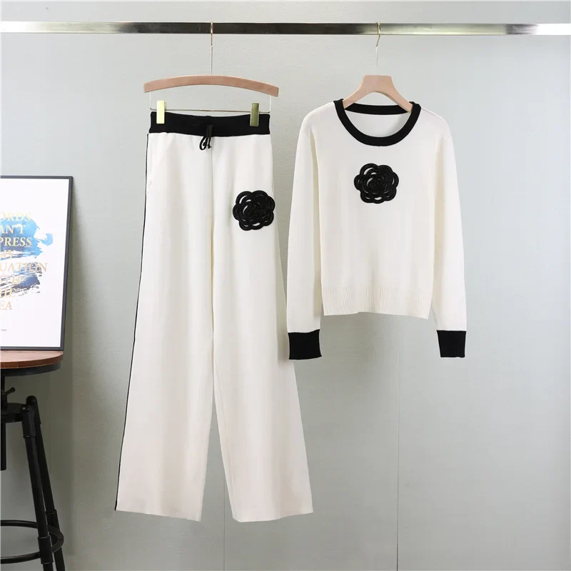 Knitted Loose Women Pant Suit Set with O Neck Pullover and Wide Leg High Waist Pants