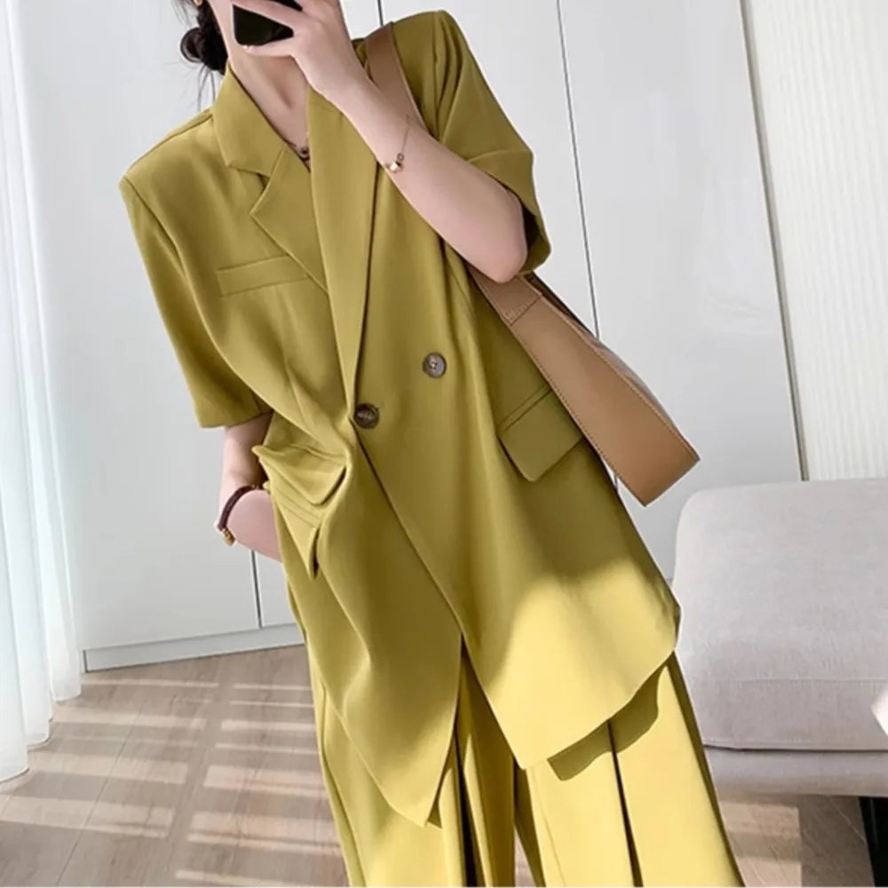 Short Sleeve Wide Leg Pants Blazer Suit Set for Women Summer Business Casual Attire