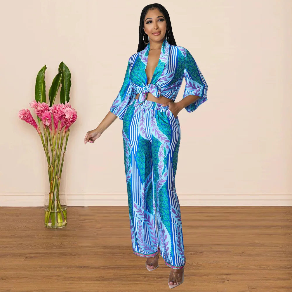 Women's Imitation Silk Printed Two Piece Set with Lace-Up Long Sleeve Top and Wide-Leg Pants for Casual Street Style