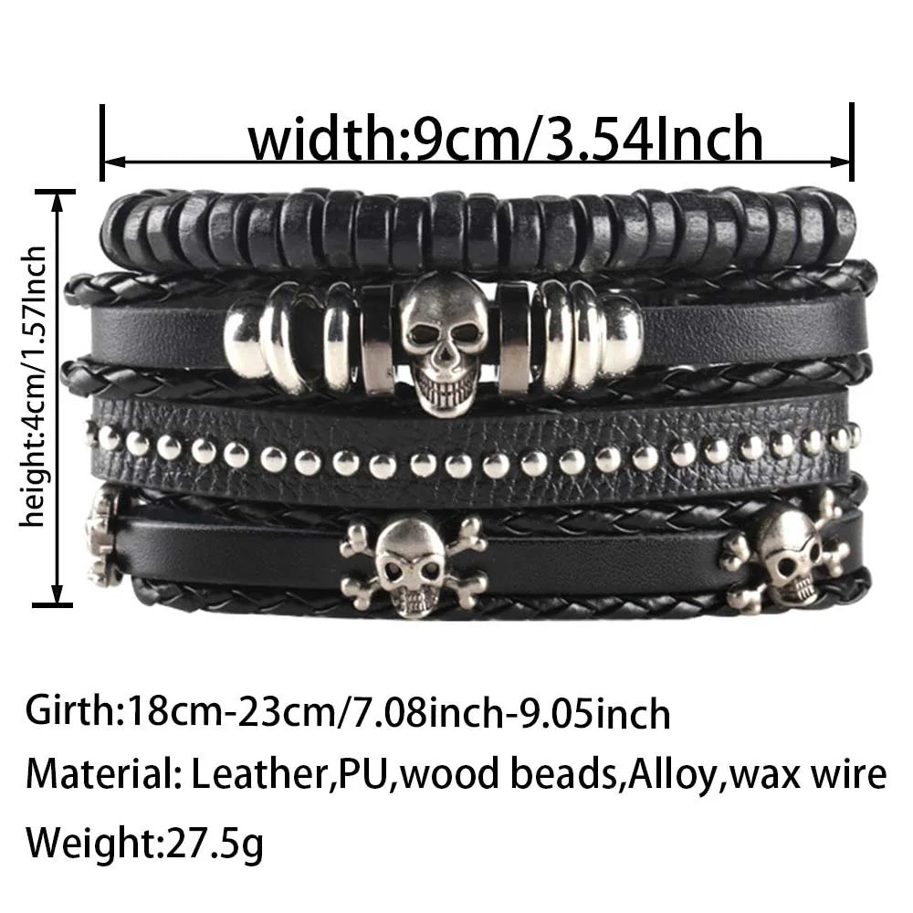 Punk Style Evil Eye Skull Bracelet Set with Adjustable PU Leather and Beads - 4/5/6 Pieces