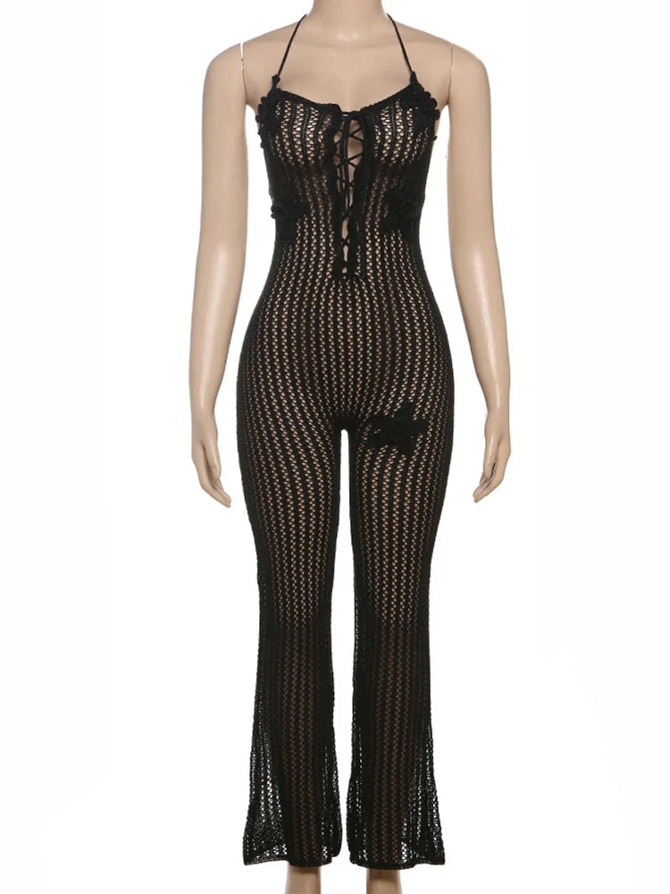 Knitted Floral Women Jumpsuit Sexy Pleated Halter Neck Bandage Low Back Skinny Overalls Trendy Solid Streetwear