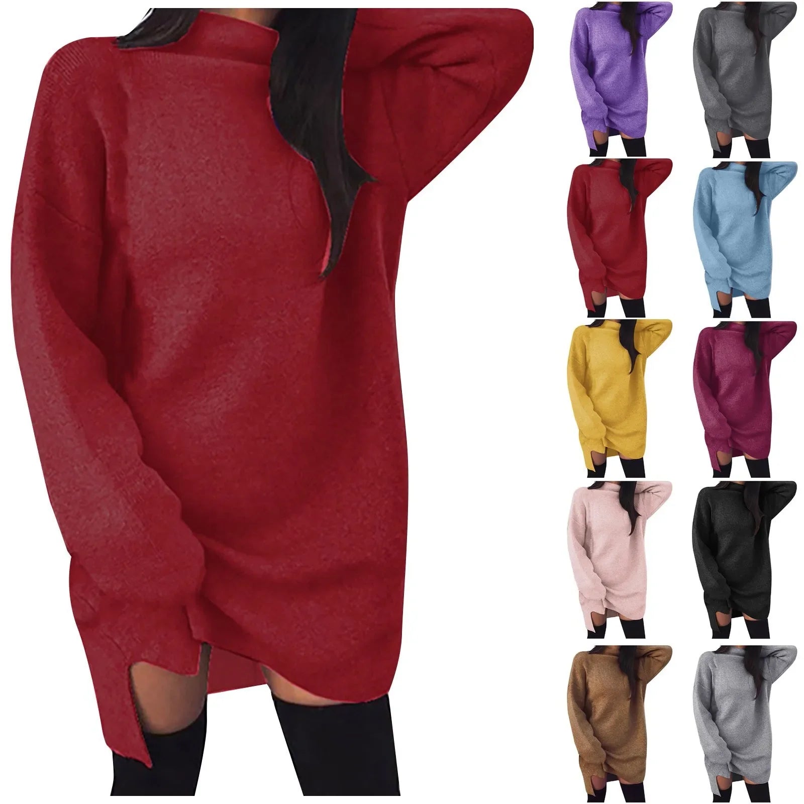 Oversized Knit Dress Turtleneck Long Sleeve Solid Color