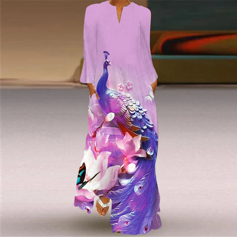 V Neck Long Sleeve Printed Dress With Pocket For Women