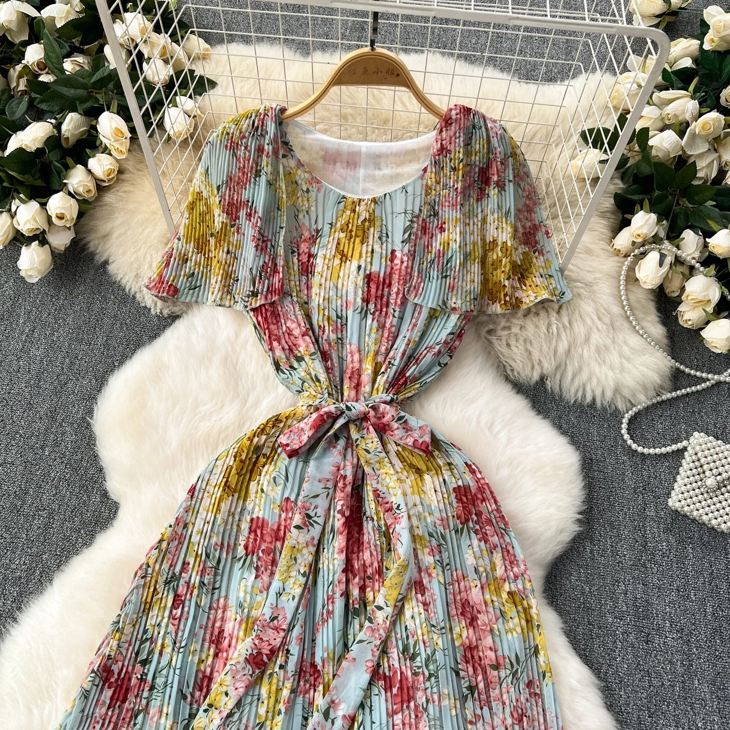 Retro Floral Chiffon Midi Dress With Ruffle Details