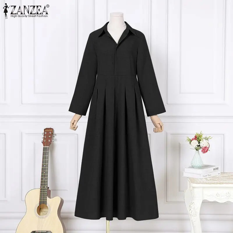Women Long Sleeve Maxi Dress Office Casual Solid A Line