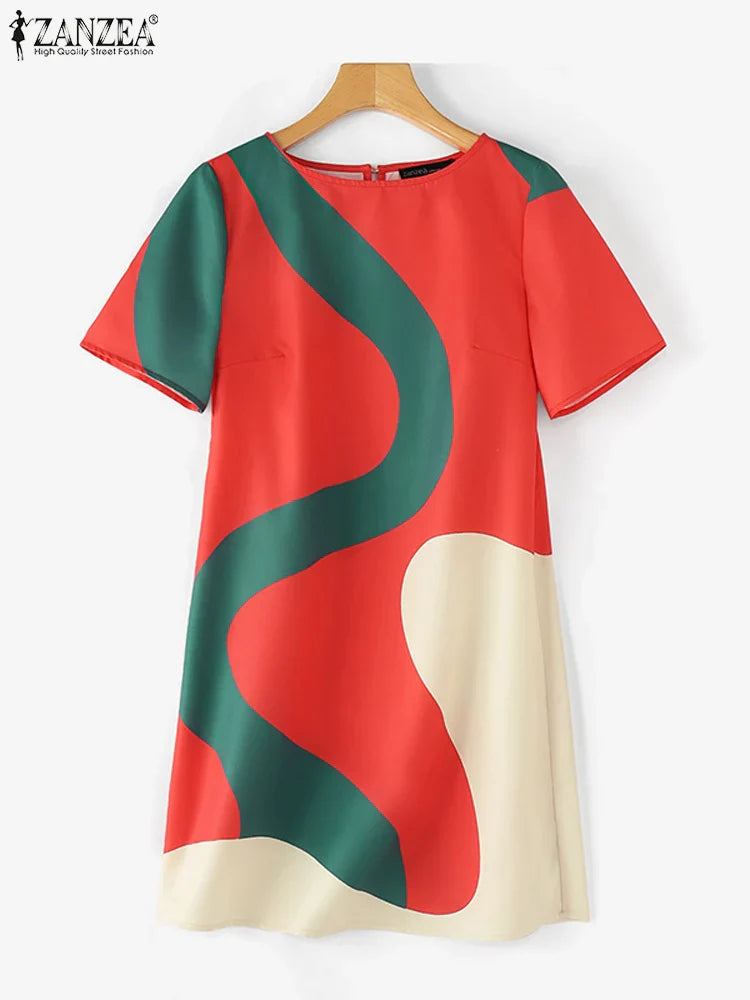 Women Colorful Printed Sundress Round Neck Short Sleeves