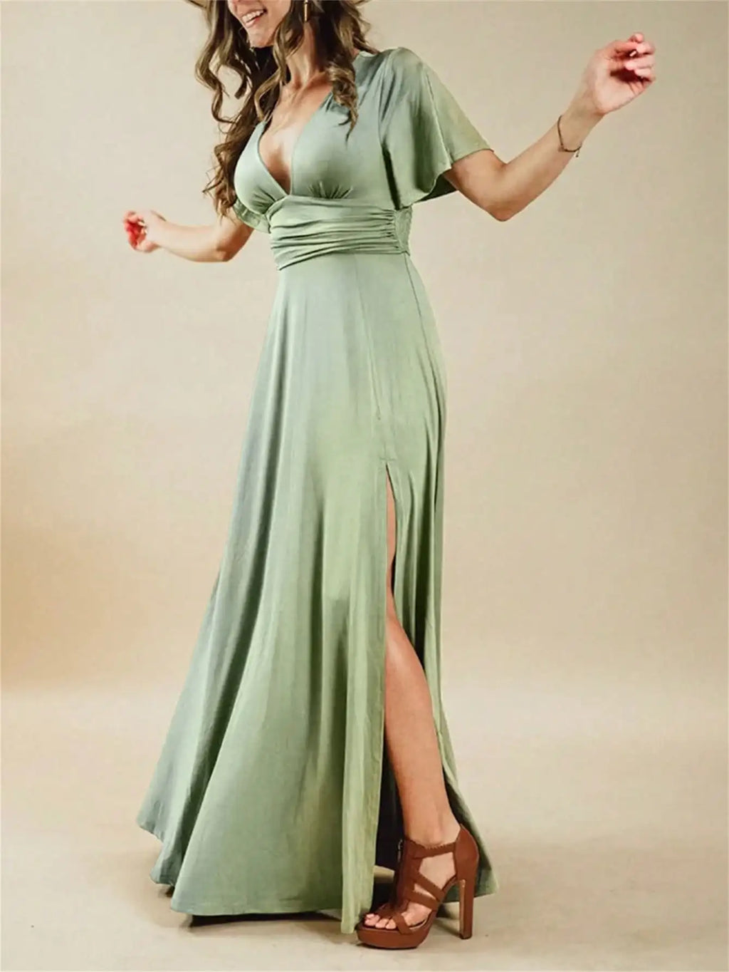 Green Knitted V Neck Maxi Dress With Slit And Short Sleeves