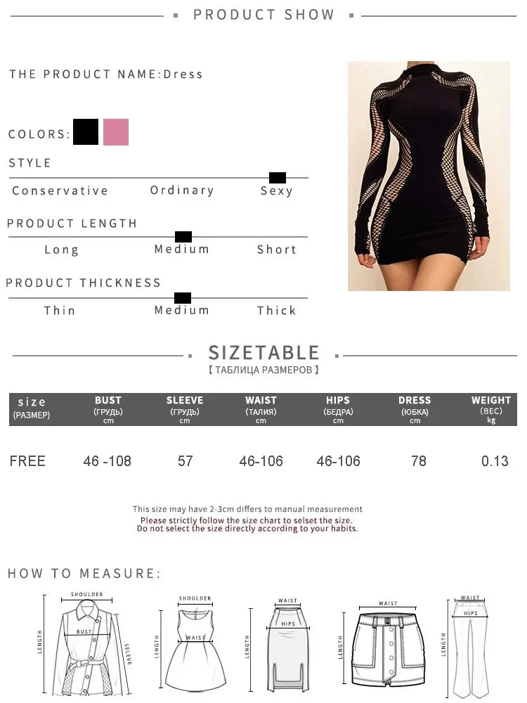 Sexy Hollow Out Mesh Long Sleeve Bodycon Mini Dress